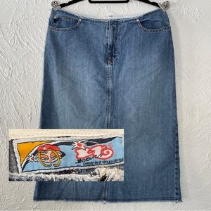 90s-00sY2K It Jeans Raw Hem Denim Midi Skirt Hook & Loop zipper close L XL